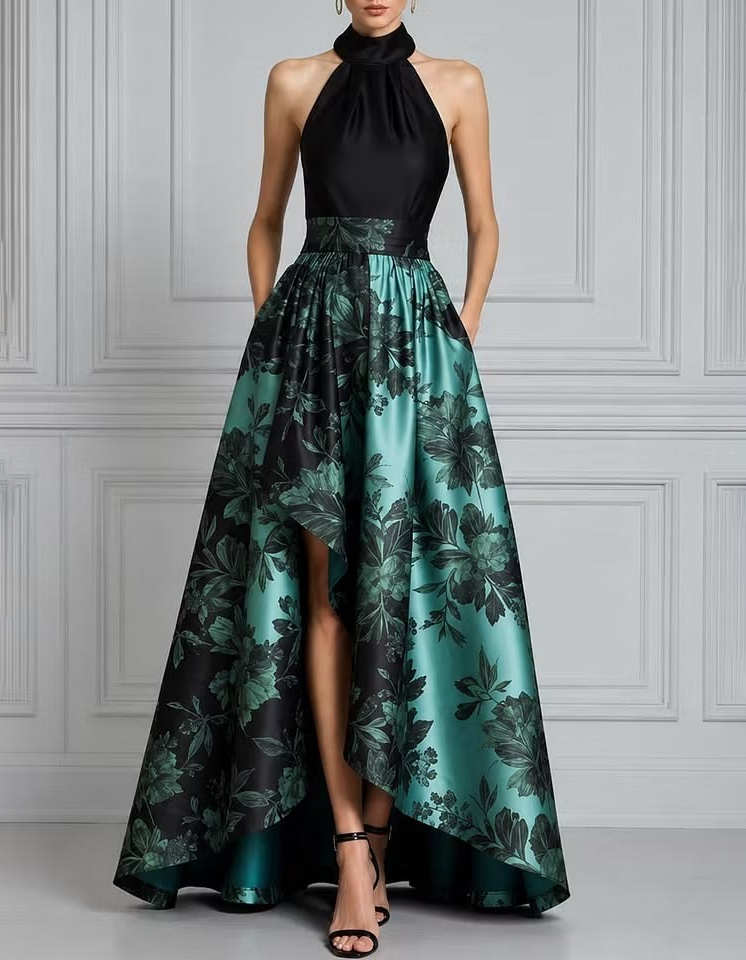 Vestido maxi de noite preto acetinado com estampado floral, decote halter, saia evasé de comprimento assimétrico e abertura frontal