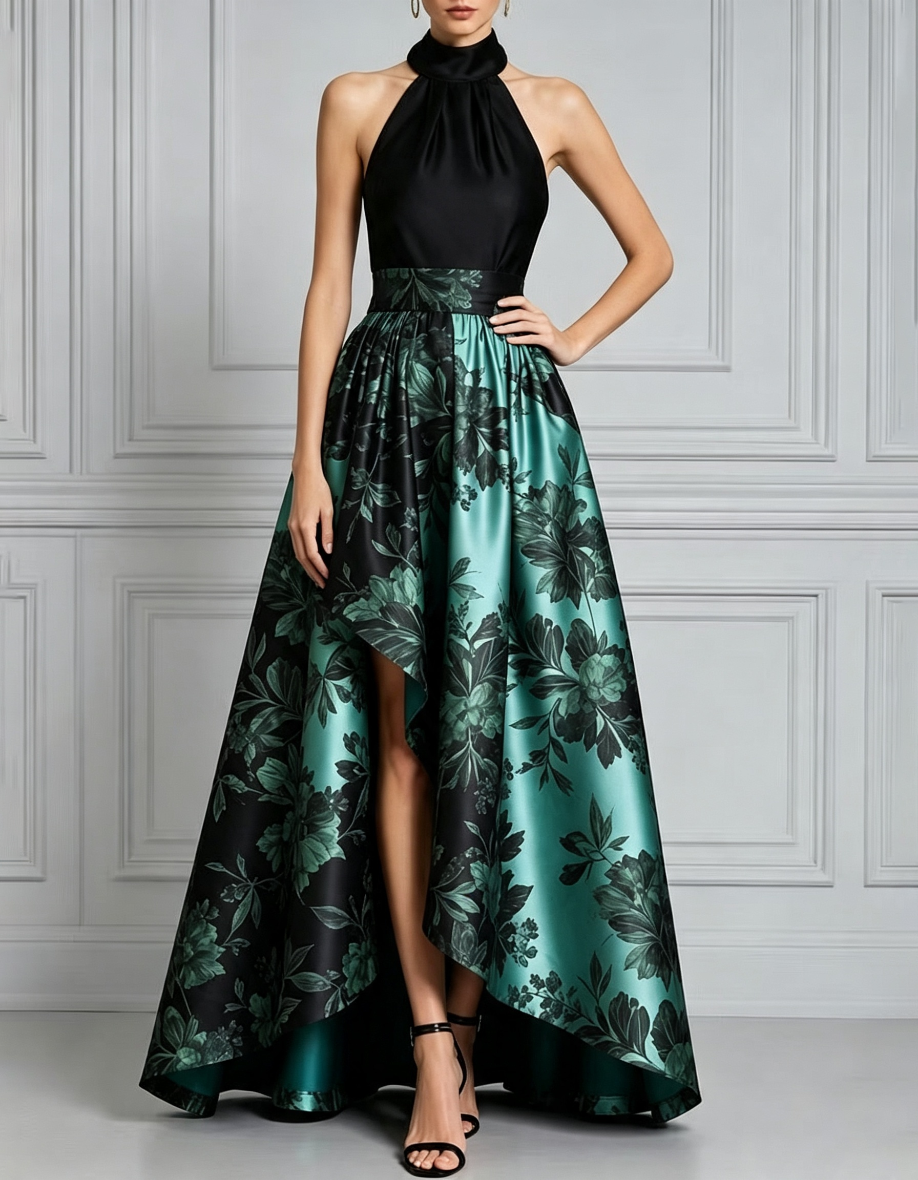 Vestido maxi de noite preto acetinado com estampado floral, decote halter, saia evasé de comprimento assimétrico e abertura frontal