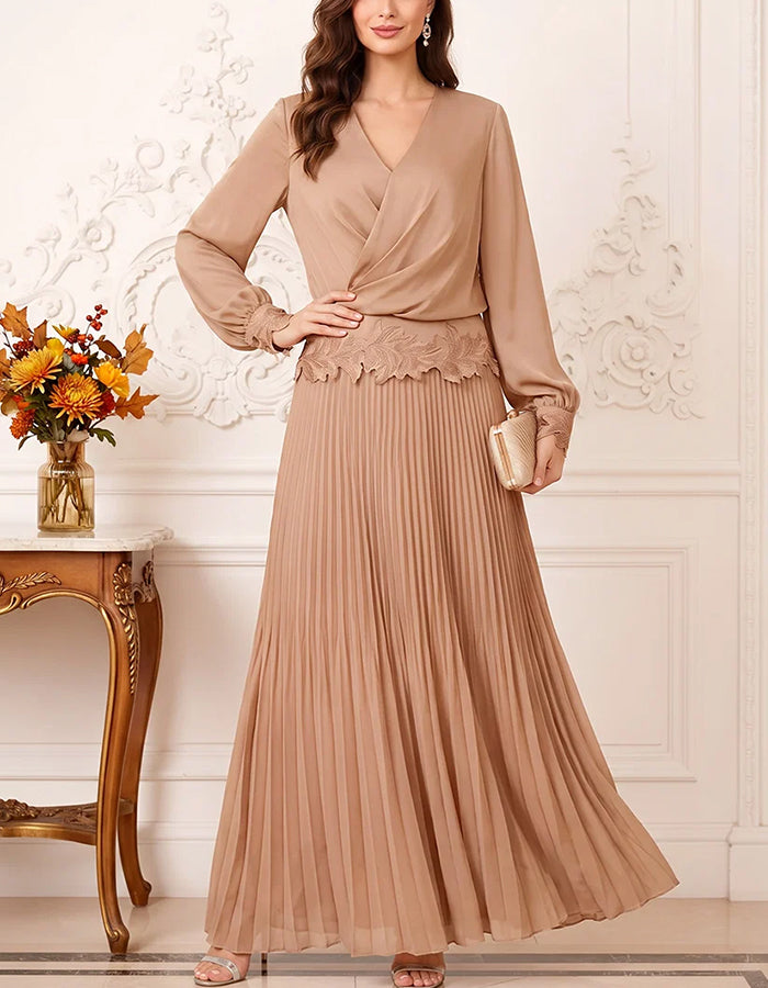 Vestido largo plisado de gasa caqui con encaje en la cintura y mangas largas