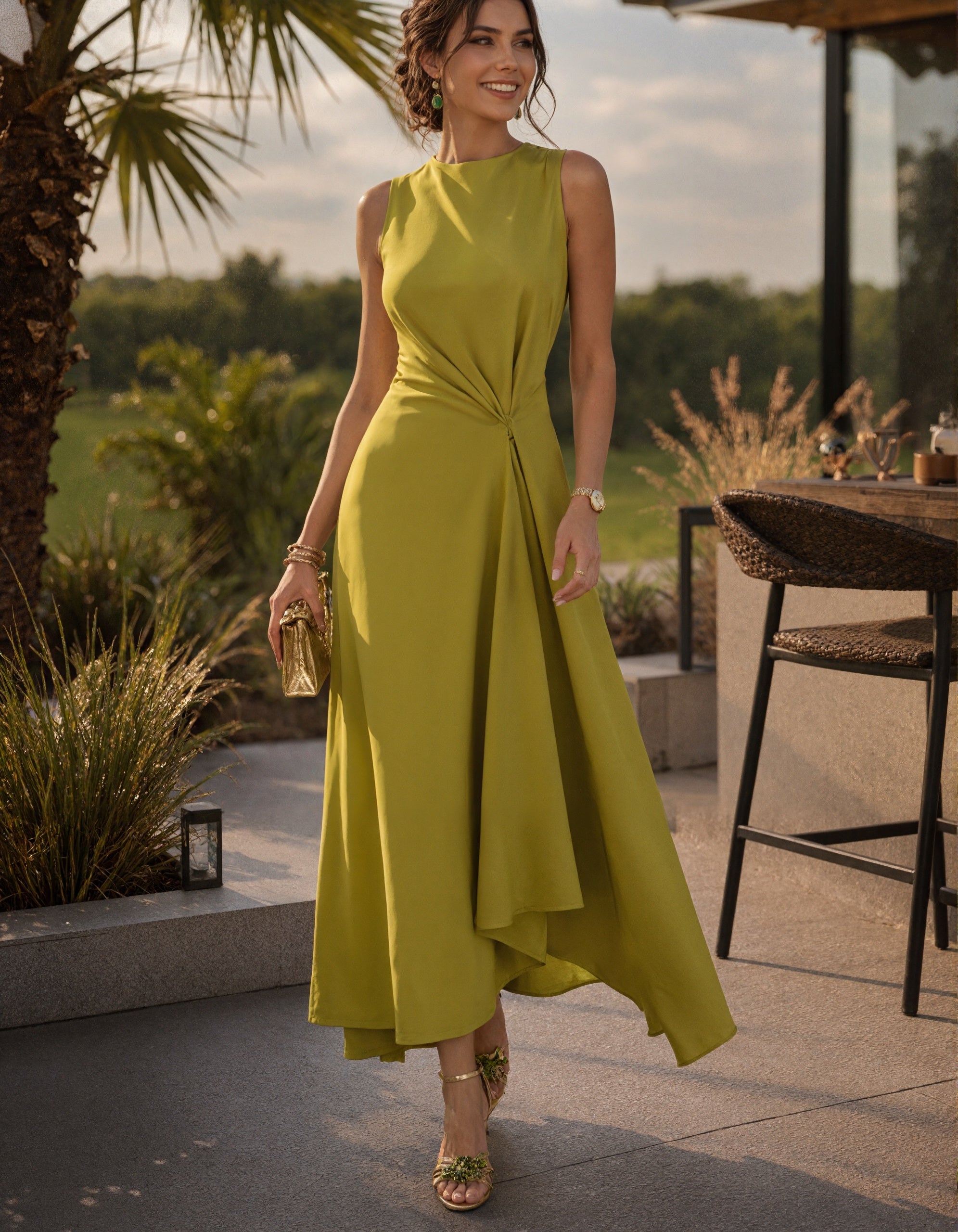 Rochie maxi verde avocado, fără mâneci, cu guler rotund și nod asimetric