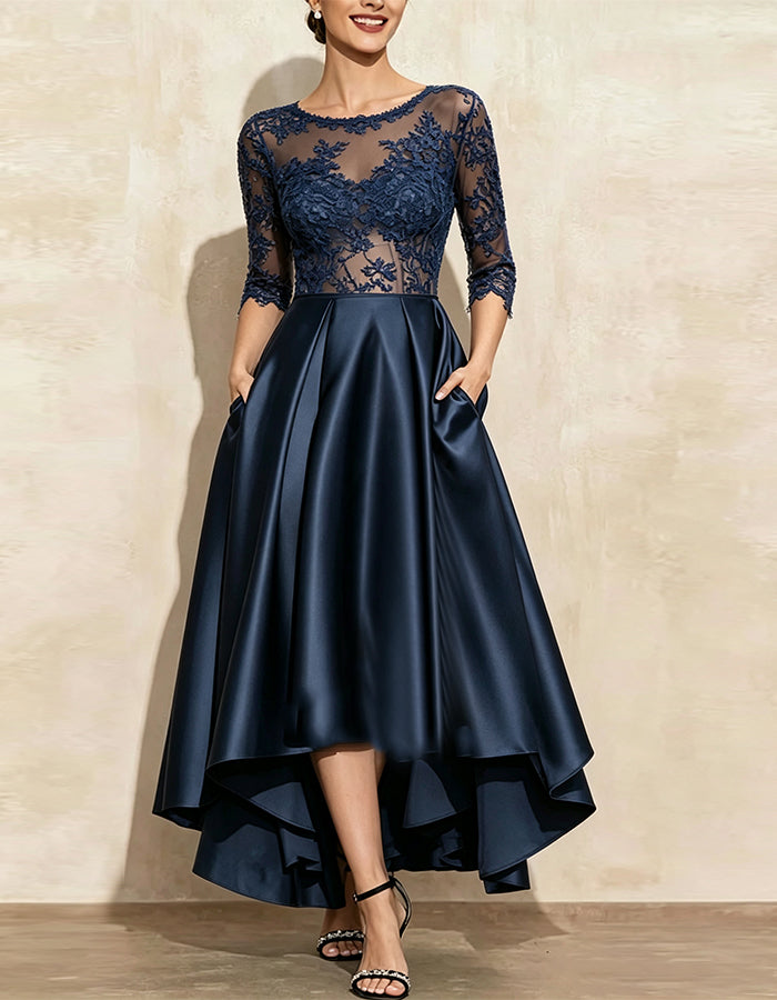 Solid Color Lace Three Quarter Sleeve High And Low Hem Satin Maxi Dress