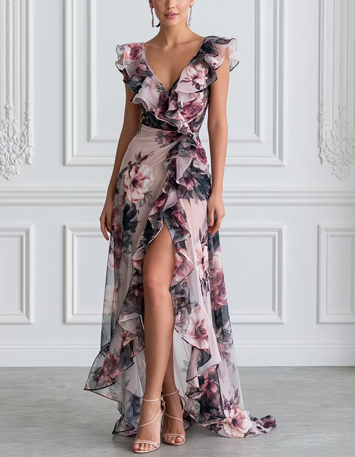Hellrosa Chiffon-Maxikleid mit Blumenprint und Rüschen