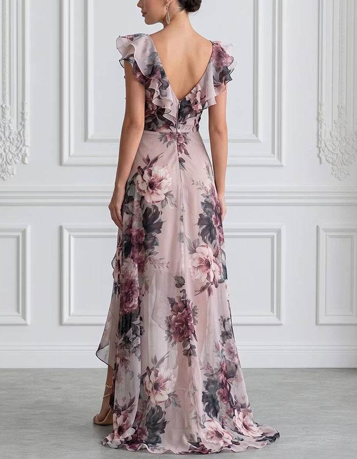 Hellrosa Chiffon-Maxikleid mit Blumenprint und Rüschen