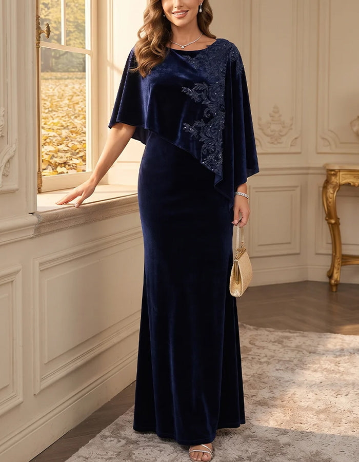 Navy Blue Velvet Cape Sleeve Maxi Dress