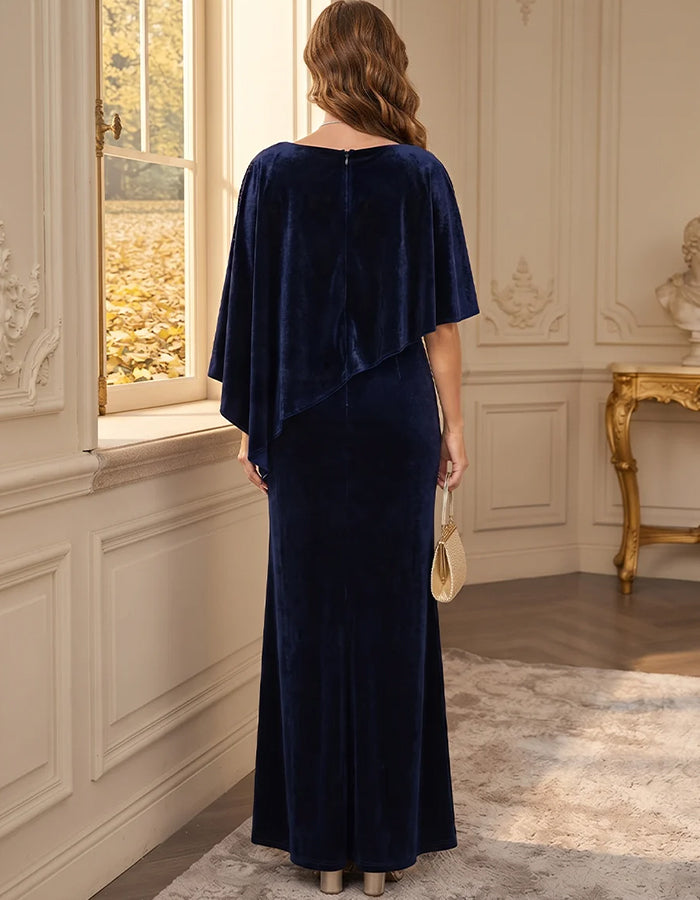 Navy Blue Velvet Cape Sleeve Maxi Dress