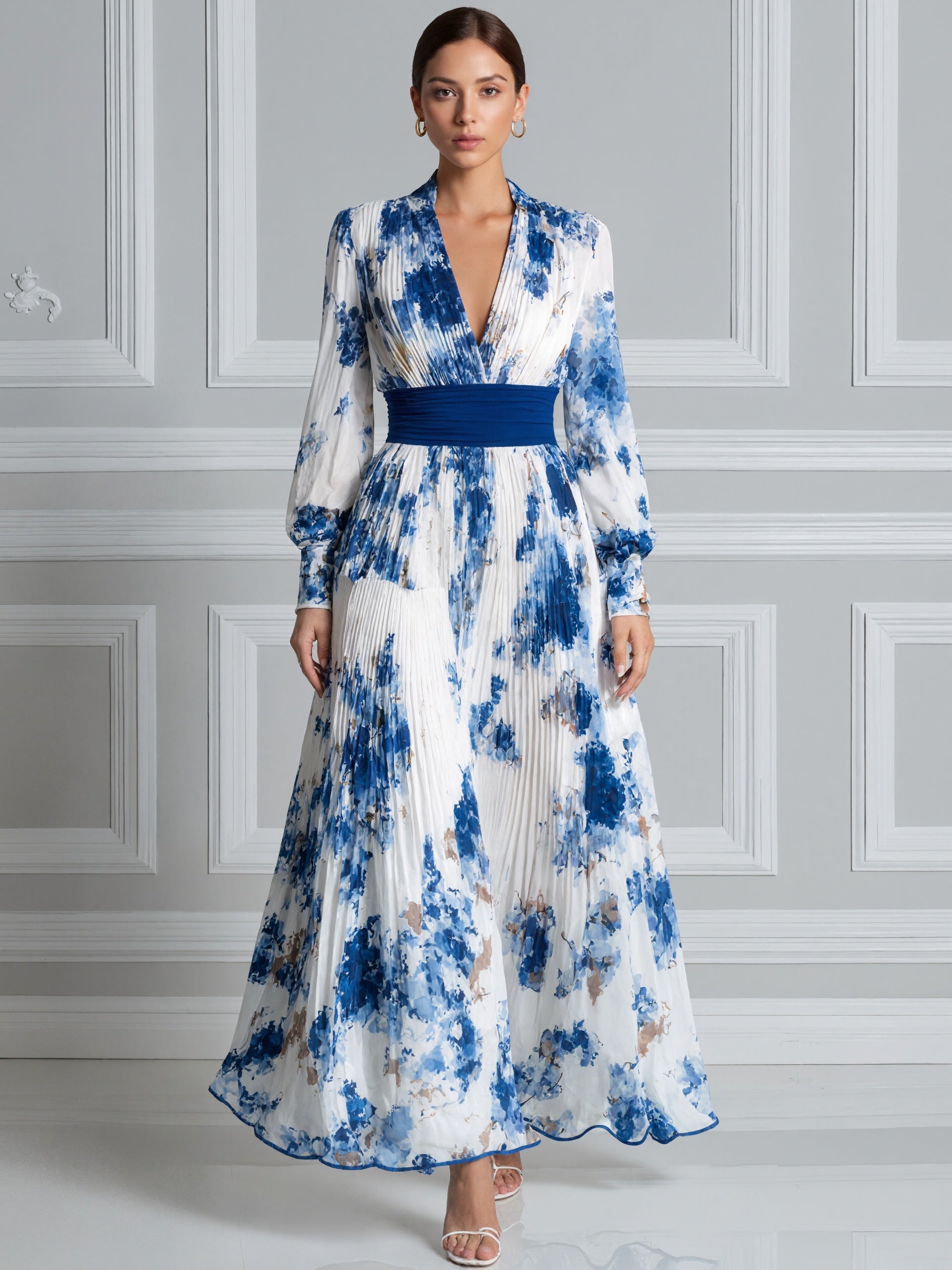 Blue Ink Wash Print Pleated Chiffon Long Sleeves Maxi Dress