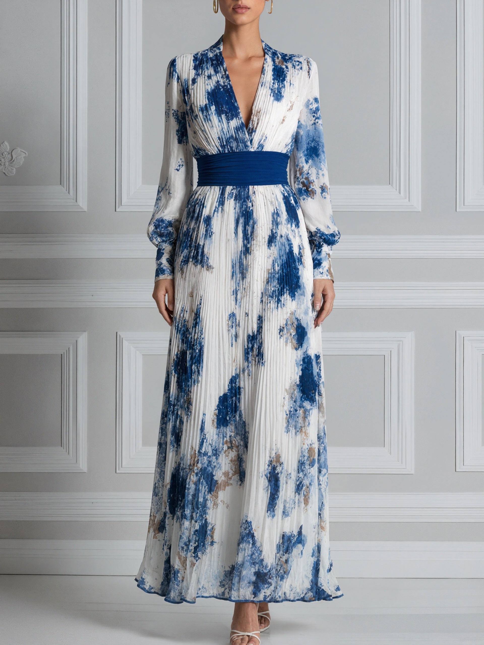 Blue Ink Wash Print Pleated Chiffon Long Sleeves Maxi Dress