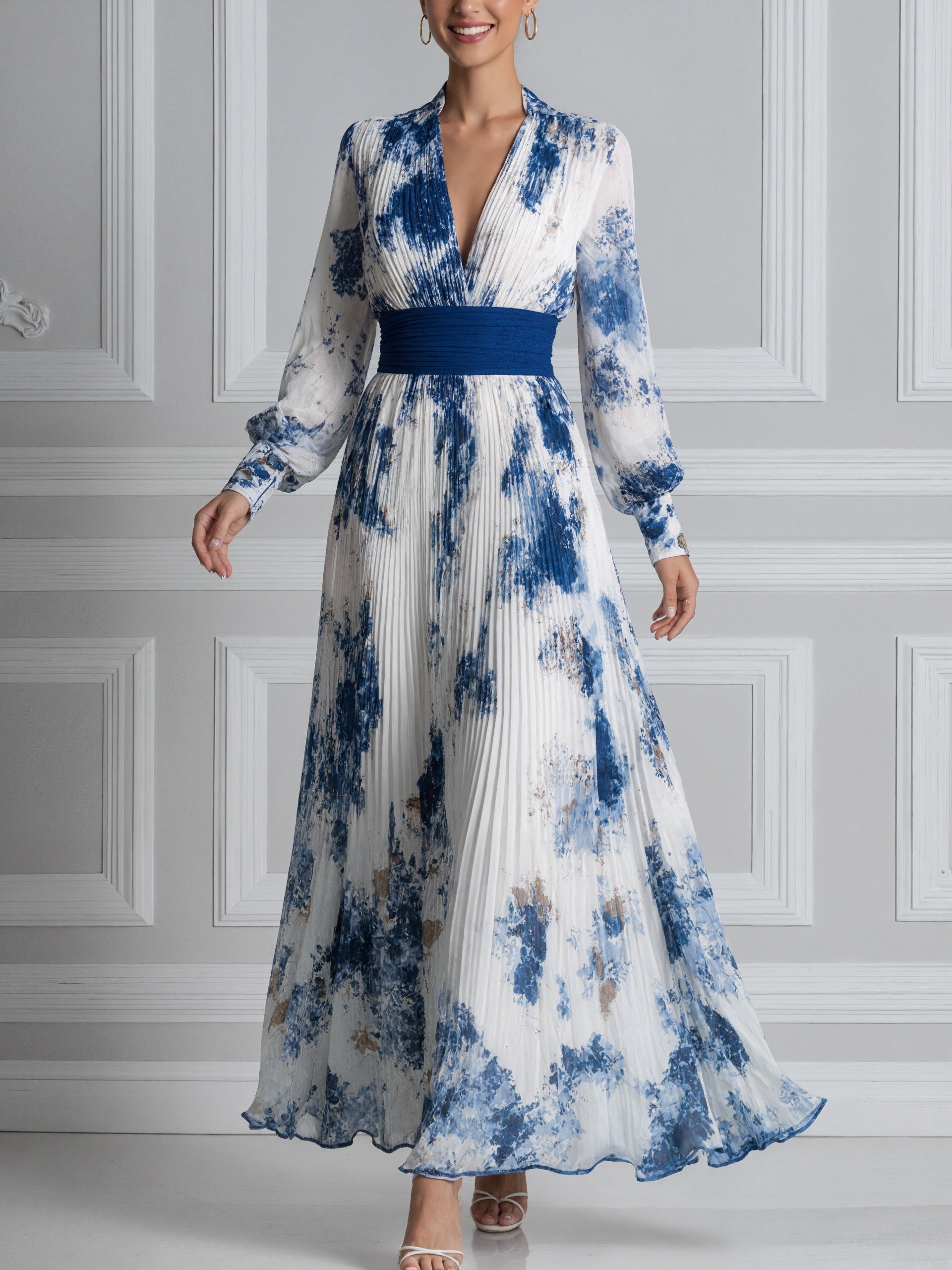 Blue Ink Wash Print Pleated Chiffon Long Sleeves Maxi Dress