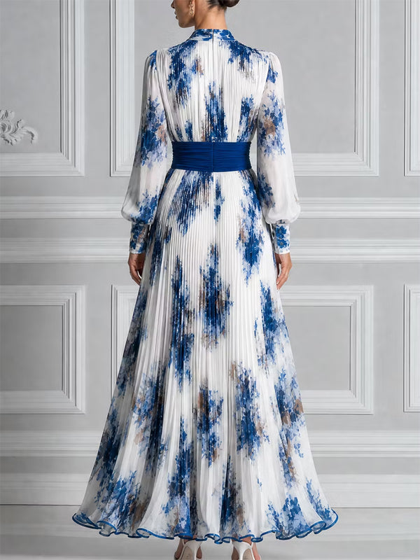 Blue Ink Wash Print Pleated Chiffon Long Sleeves Maxi Dress