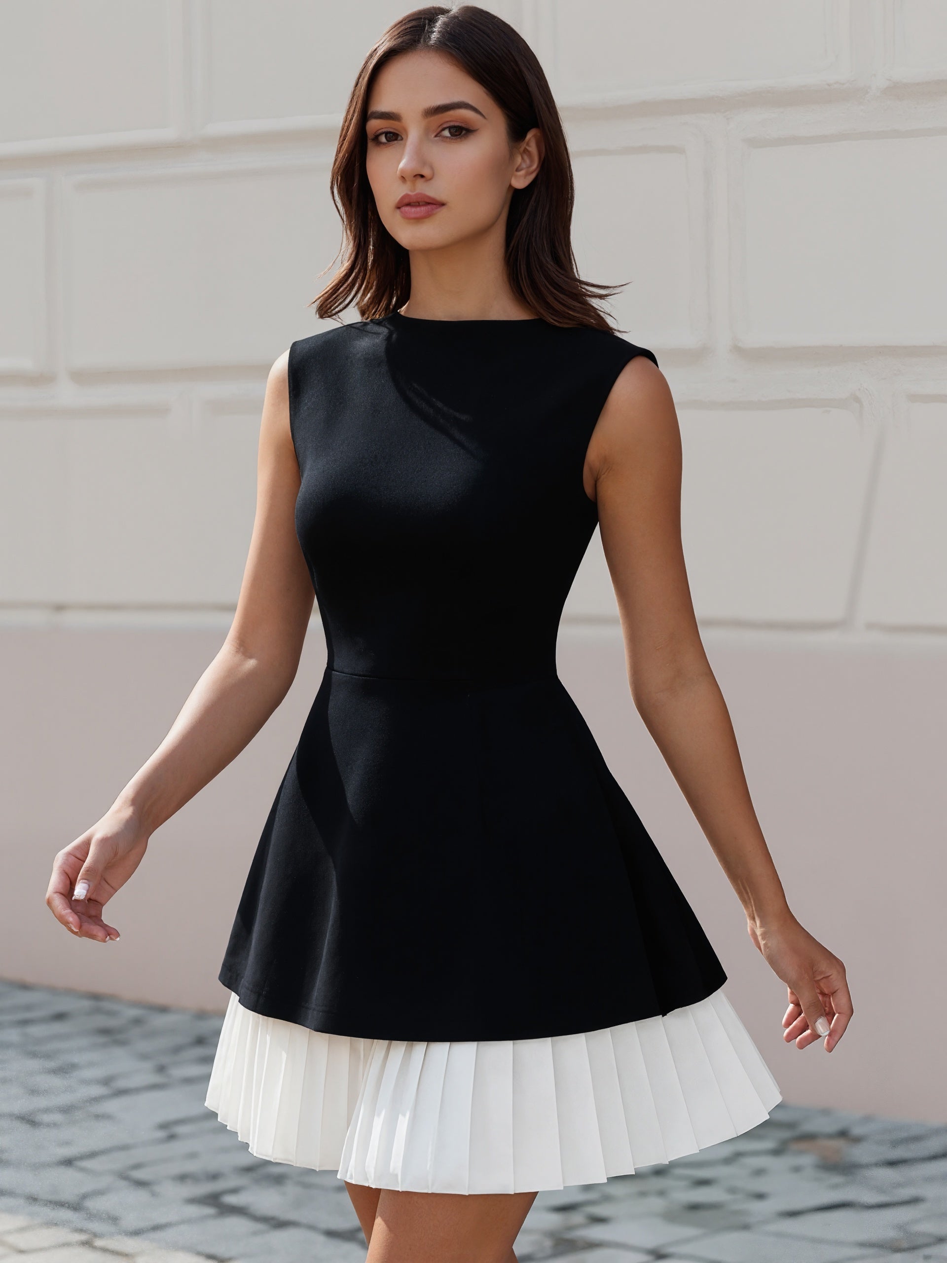 Black And White Color Blocked Sleeveless Pleated Mini Dress