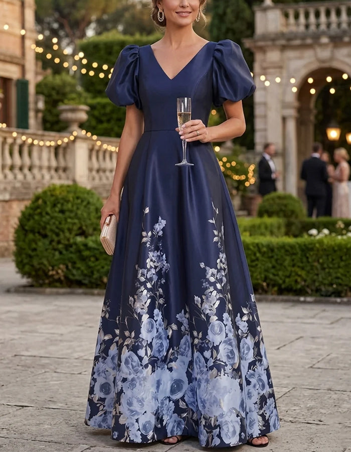 Marineblaues Satin-Maxikleid mit Puffärmeln, V-Ausschnitt und Blumenprint
