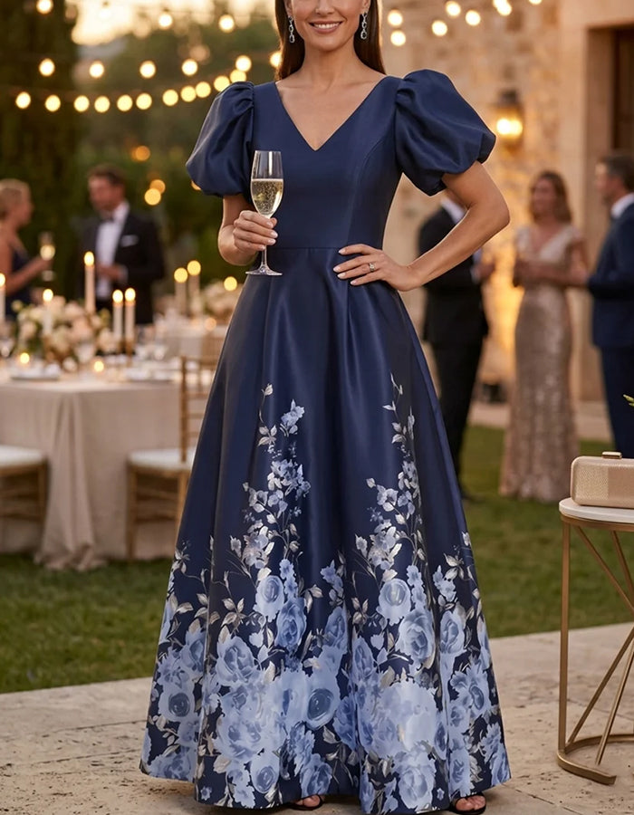 Marineblaues Satin-Maxikleid mit Puffärmeln, V-Ausschnitt und Blumenprint