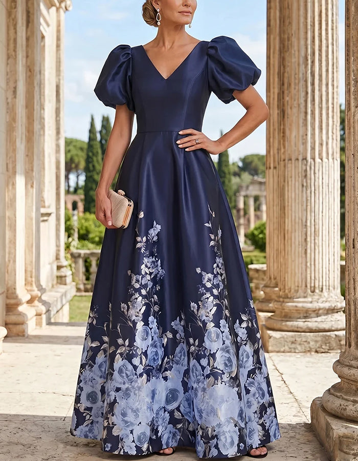 Marineblaues Satin-Maxikleid mit Puffärmeln, V-Ausschnitt und Blumenprint