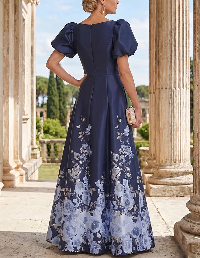 Marineblaues Satin-Maxikleid mit Puffärmeln, V-Ausschnitt und Blumenprint