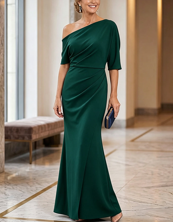 One‑Shoulder Half Sleeve Ruched Maxi Dress