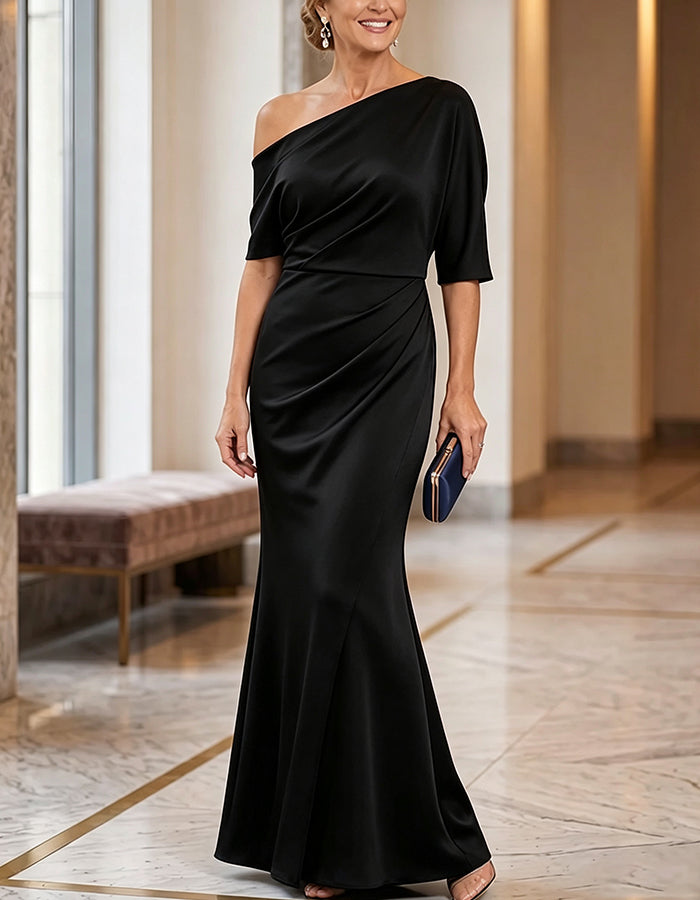 One‑Shoulder Half Sleeve Ruched Maxi Dress