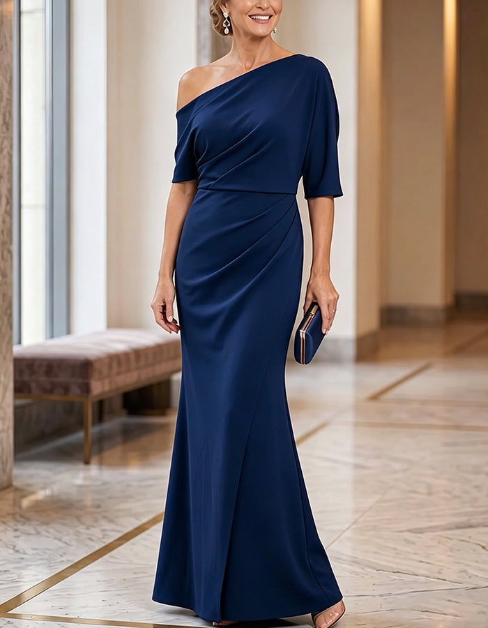 One‑Shoulder Half Sleeve Ruched Maxi Dress