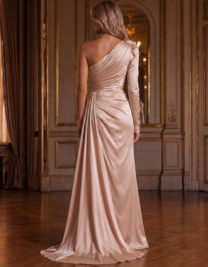Champagnerfarbener Satin-Maxirock mit One-Shoulder-Schnitt und 3D-Blumenapplikation