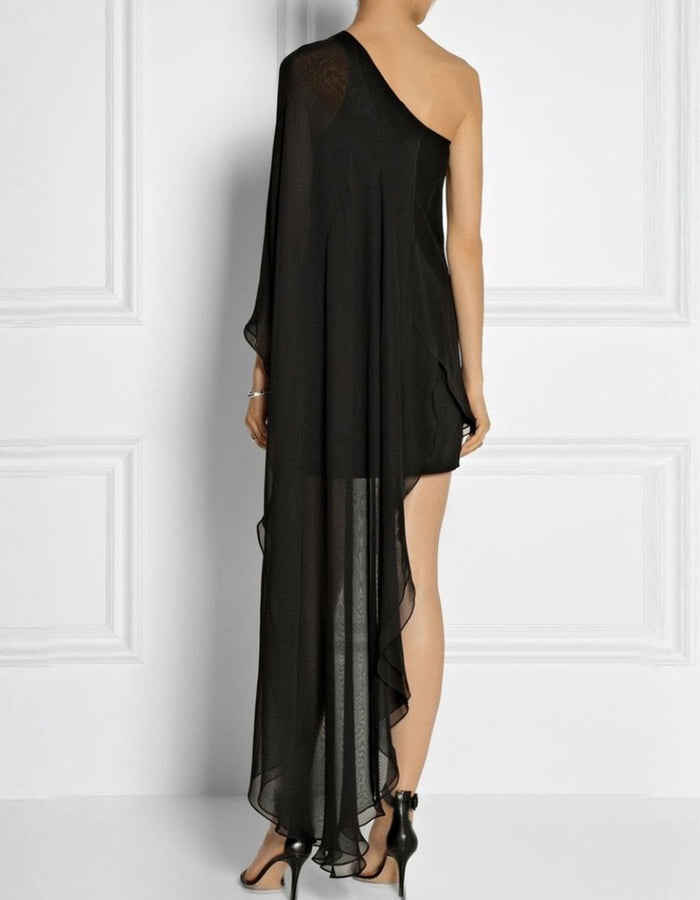 One‑Shoulder Cape Sleeve Chiffon Mini Dress