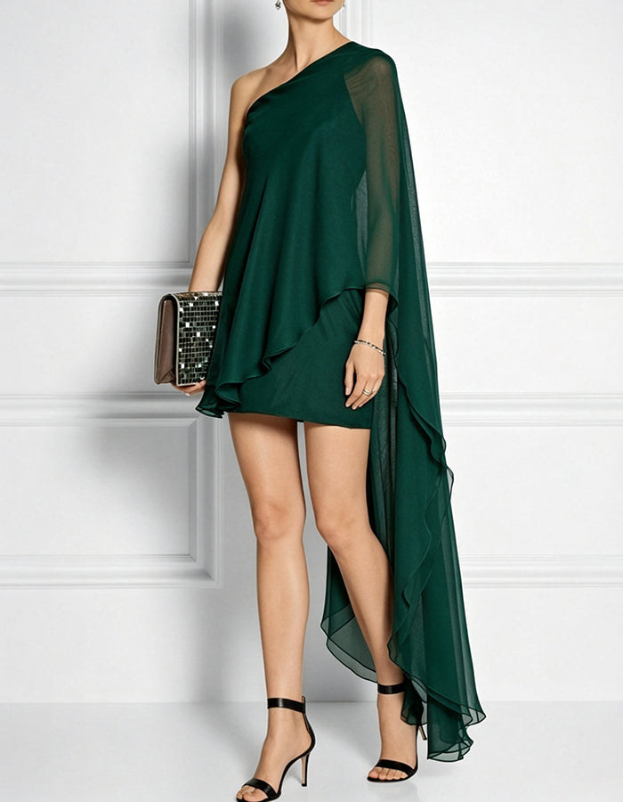 One‑Shoulder Cape Sleeve Chiffon Mini Dress