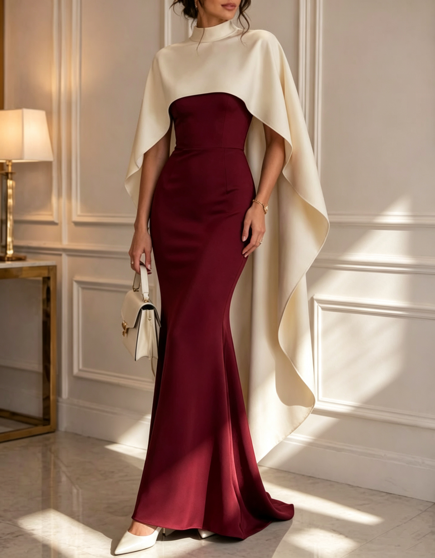 High Neck Color‑Block Cape Sleeve Crepe Mermaid Evening Maxi Dress