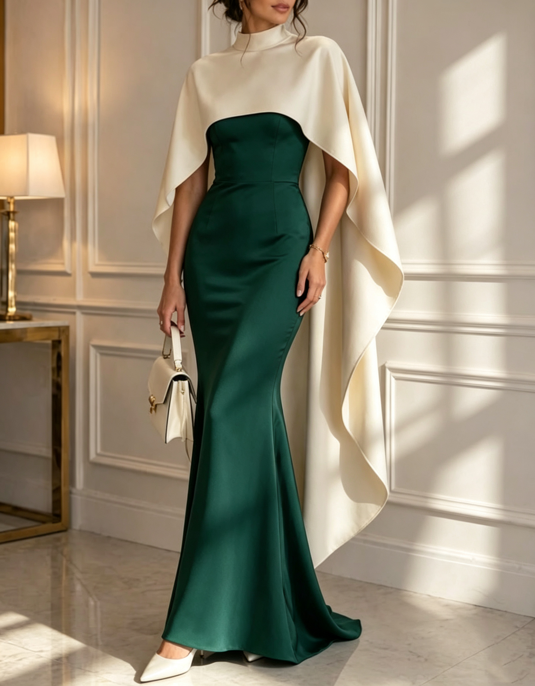 High Neck Color‑Block Cape Sleeve Crepe Mermaid Evening Maxi Dress