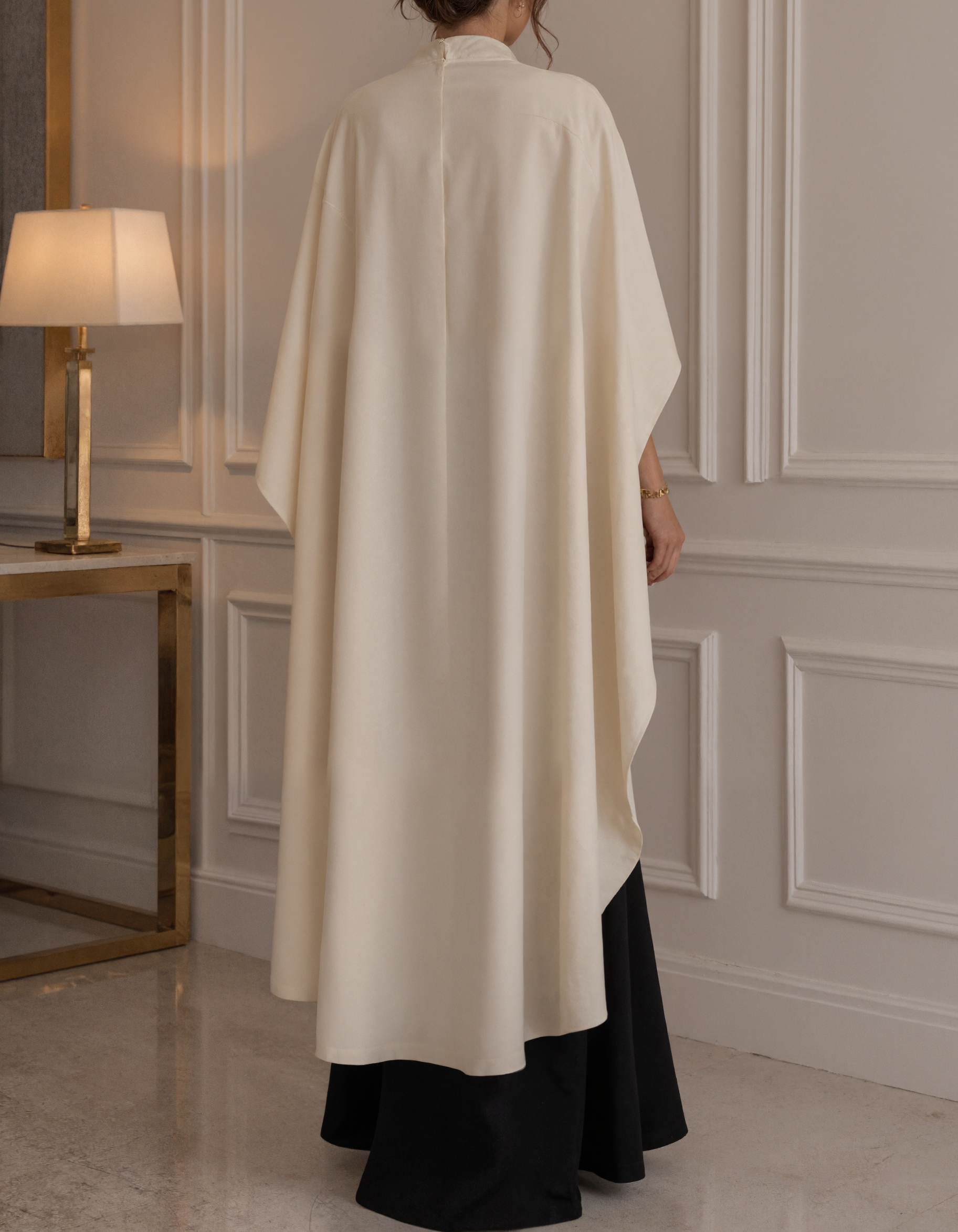 High Neck Color‑Block Cape Sleeve Crepe Mermaid Evening Maxi Dress