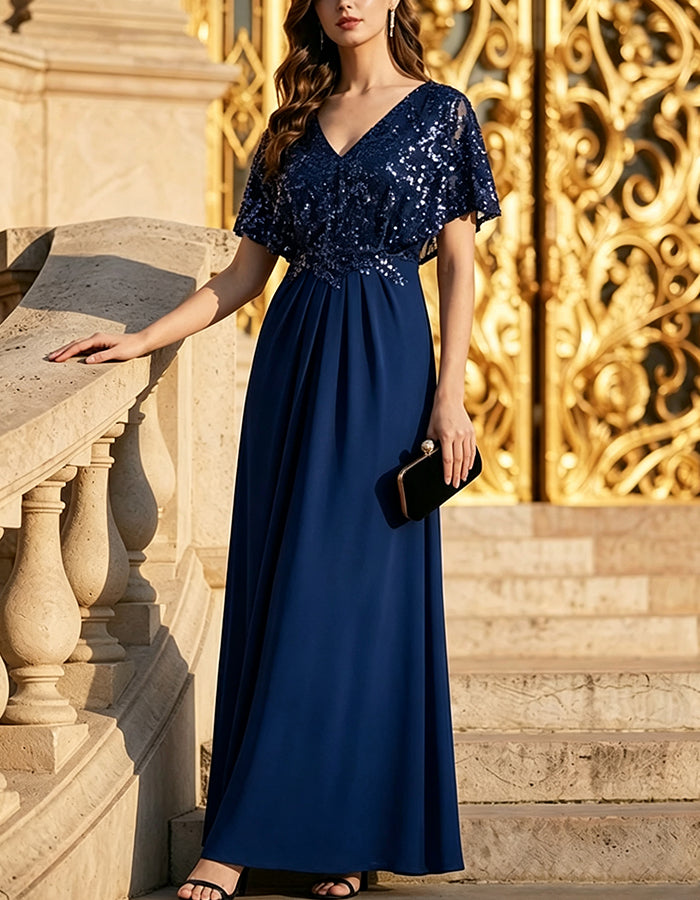 Maxikleid aus Chiffon mit V-Ausschnitt, Pailletten und flatternden Ärmeln