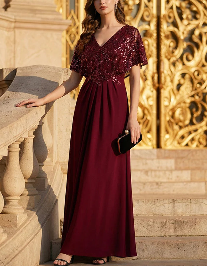 Maxikleid aus Chiffon mit V-Ausschnitt, Pailletten und flatternden Ärmeln