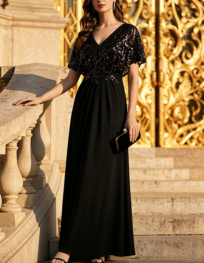 Maxikleid aus Chiffon mit V-Ausschnitt, Pailletten und flatternden Ärmeln