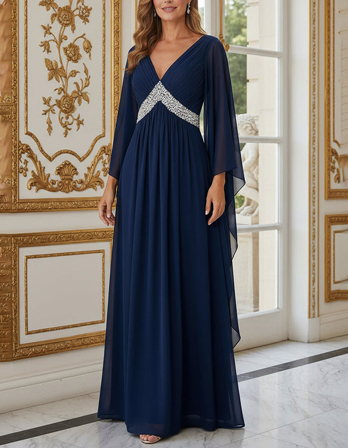 Marineblaues Maxikleid aus Chiffon in A-Linie mit tiefem V-Ausschnitt, Cape-Ärmeln, Pailletten und Empire-Taille