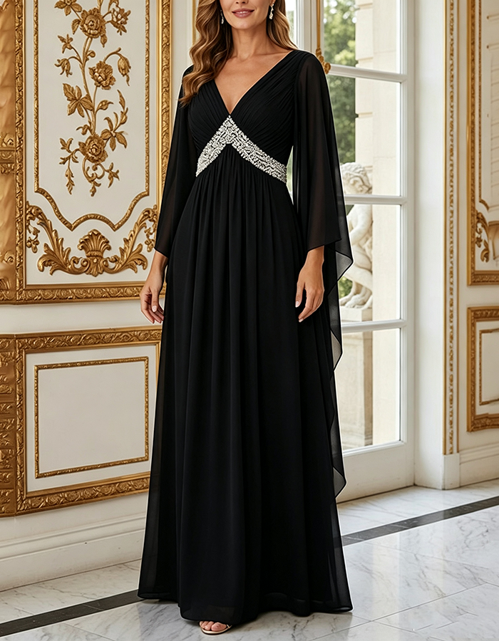 Marineblaues Maxikleid aus Chiffon in A-Linie mit tiefem V-Ausschnitt, Cape-Ärmeln, Pailletten und Empire-Taille