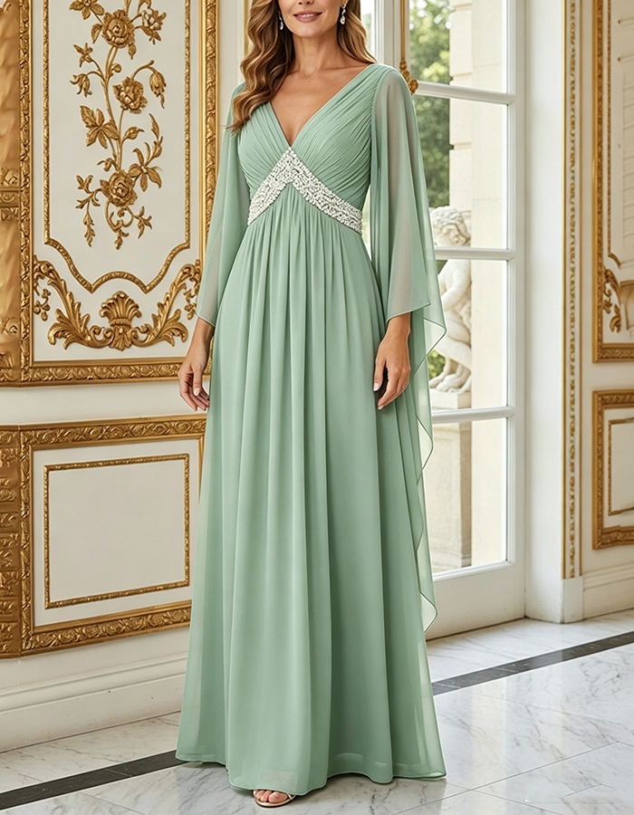 Marineblaues Maxikleid aus Chiffon in A-Linie mit tiefem V-Ausschnitt, Cape-Ärmeln, Pailletten und Empire-Taille