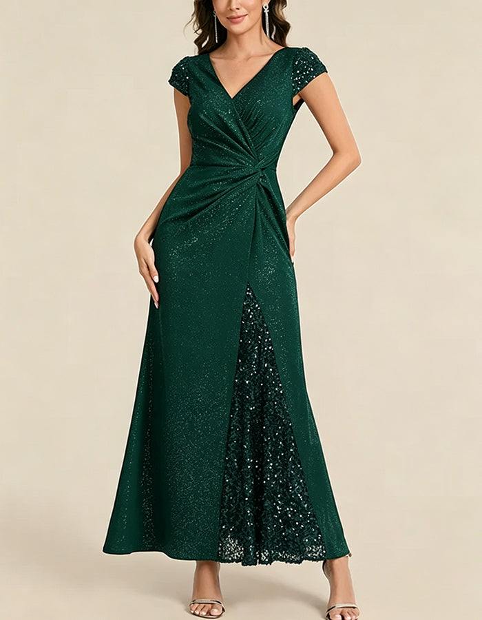 Vestido largo de punto brillante con escote en V, cintura drapeada y abertura
