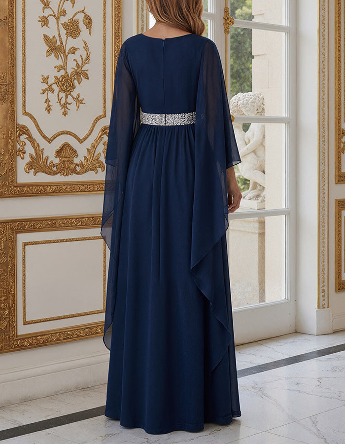 Marineblaues Maxikleid aus Chiffon in A-Linie mit tiefem V-Ausschnitt, Cape-Ärmeln, Pailletten und Empire-Taille