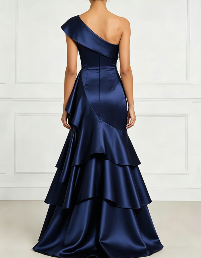 Solid-color One-shoulder Layered Satin Mermaid Maxi Dress