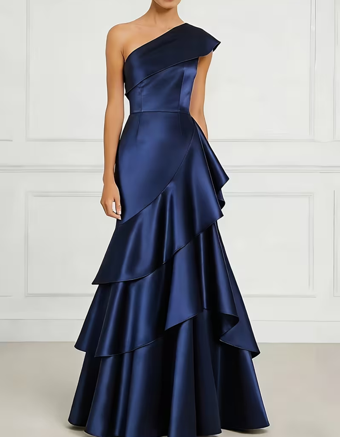 Solid-color One-shoulder Layered Satin Mermaid Maxi Dress