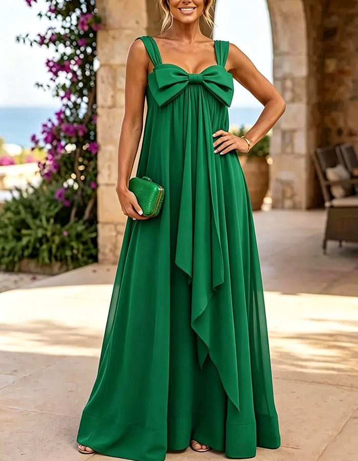 Double Straps Big Bow Draped Chiffon A‑Line Maxi Dress