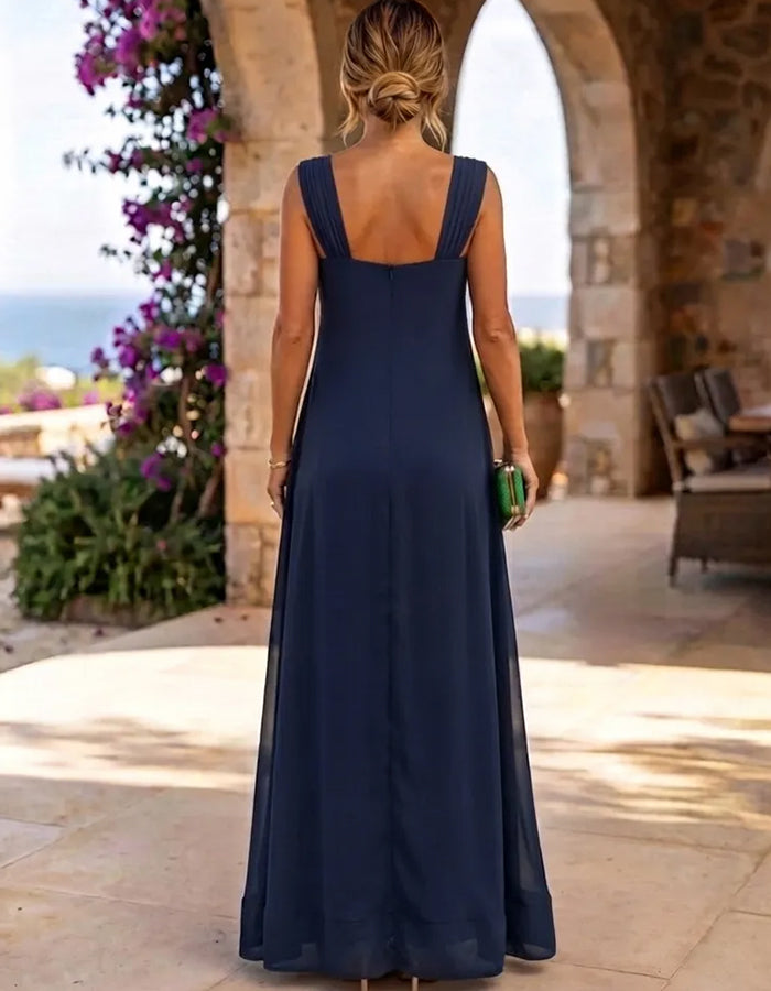 Double Straps Big Bow Draped Chiffon A‑Line Maxi Dress