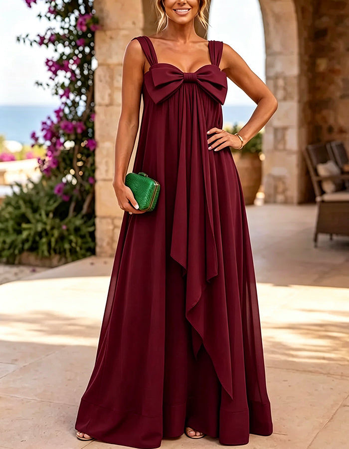 Double Straps Big Bow Draped Chiffon A‑Line Maxi Dress
