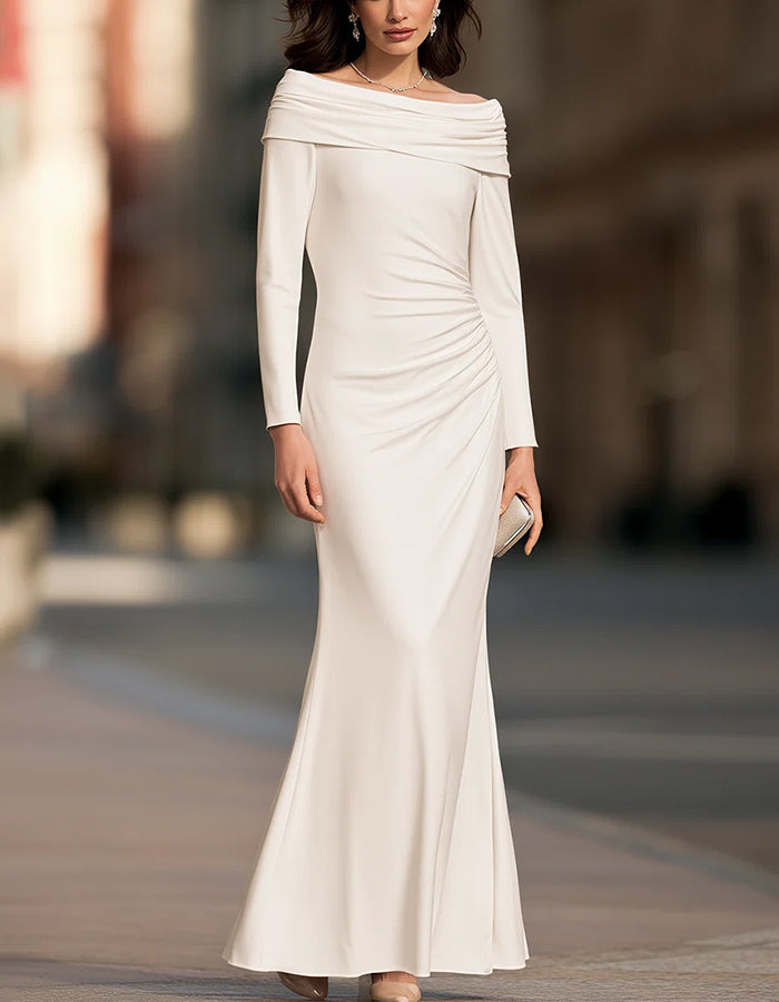 Off‑The‑Shoulder Long Sleeve Ruched Maxi Dress