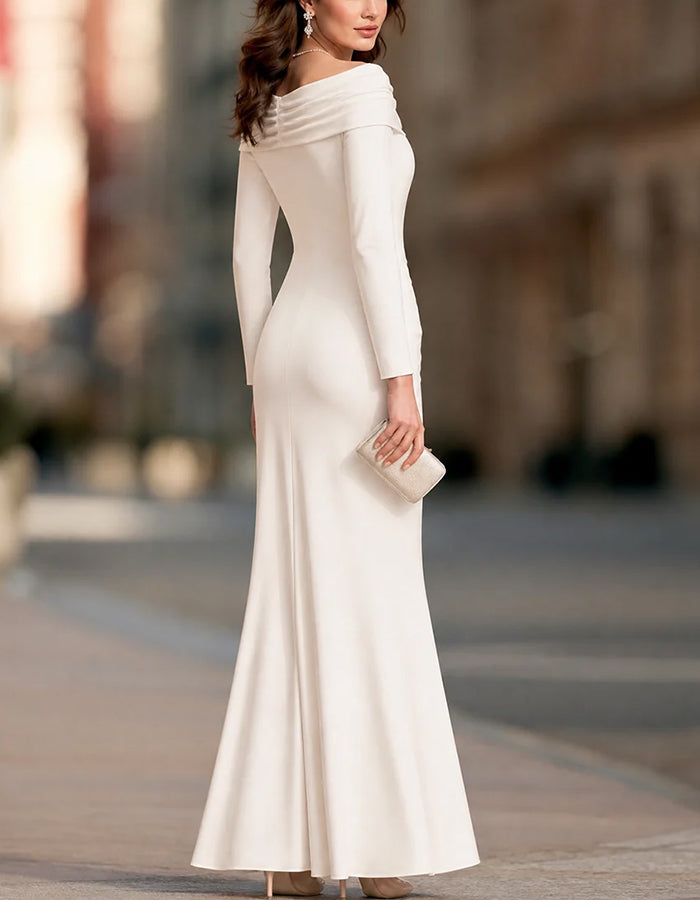 Off‑The‑Shoulder Long Sleeve Ruched Maxi Dress