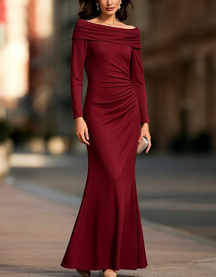 Off‑The‑Shoulder Long Sleeve Ruched Maxi Dress