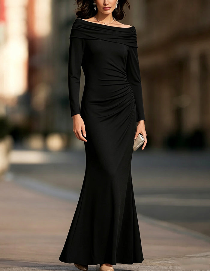 Off‑The‑Shoulder Long Sleeve Ruched Maxi Dress