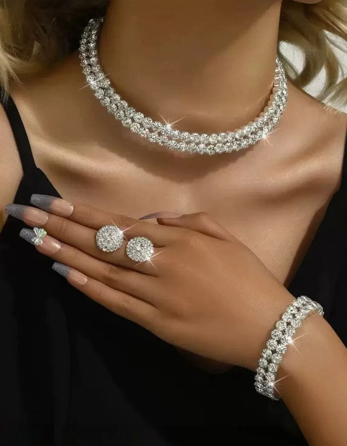 3-teiliges Set aus doppellagiger Strasskette, Ohrringen und Armband