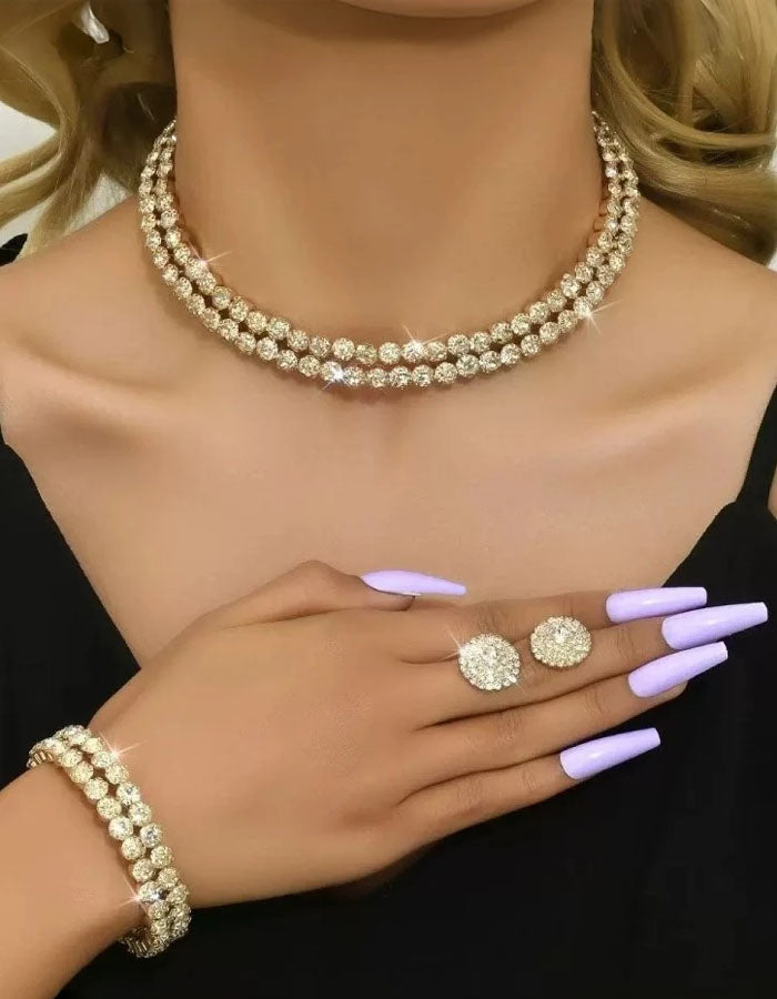 3-teiliges Set aus doppellagiger Strasskette, Ohrringen und Armband