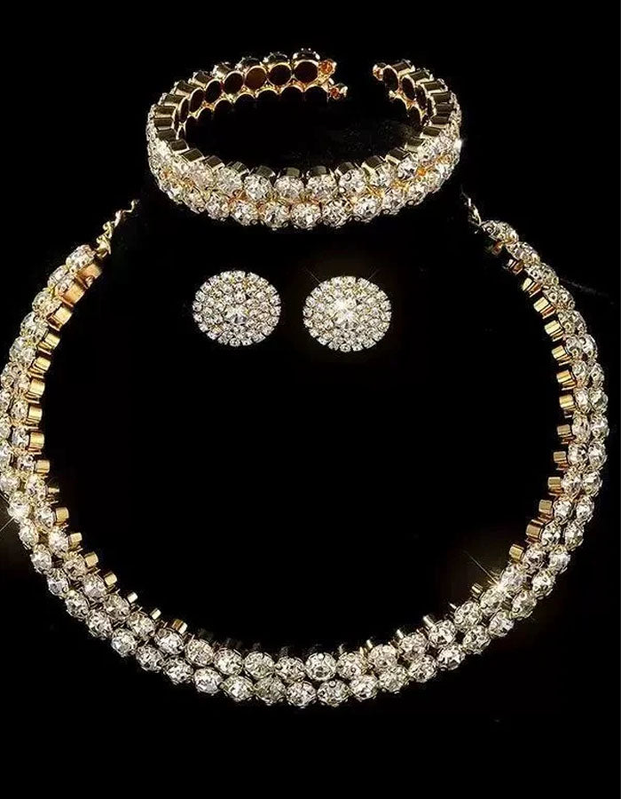 3-teiliges Set aus doppellagiger Strasskette, Ohrringen und Armband