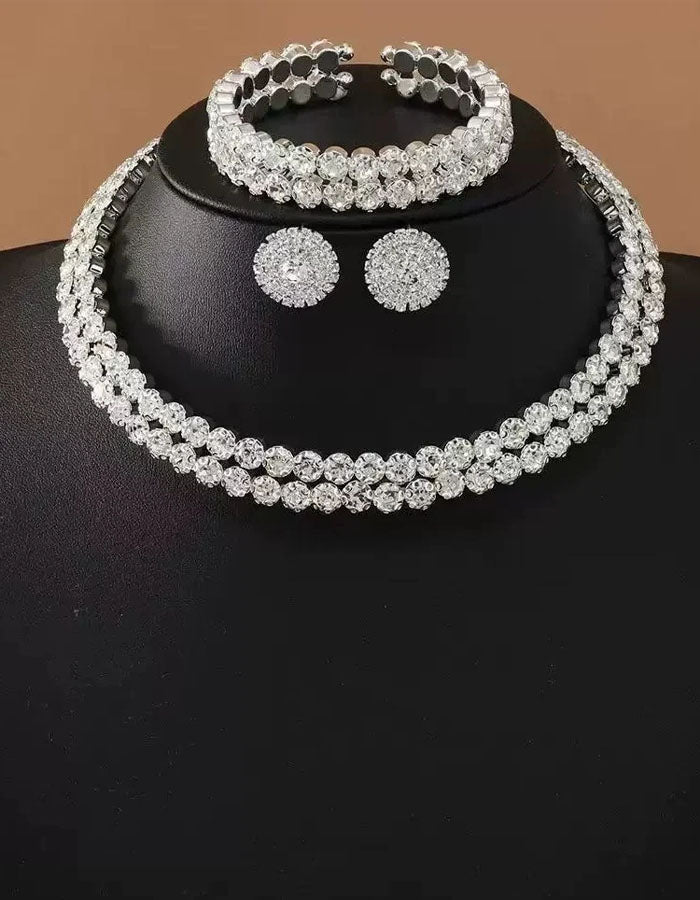 3-teiliges Set aus doppellagiger Strasskette, Ohrringen und Armband