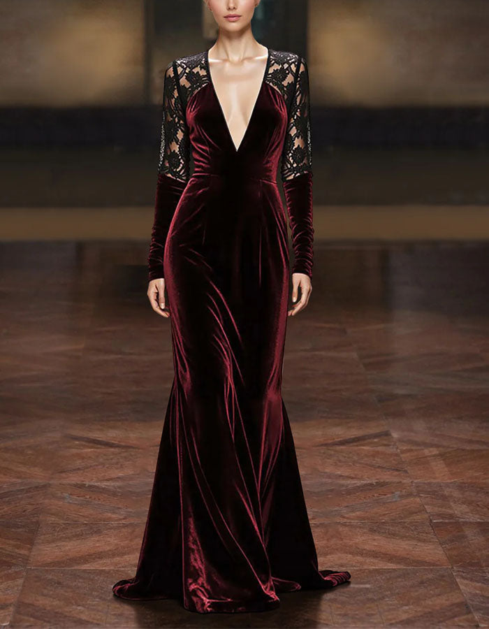 Einfarbiges Samt-Spitzen-Patchwork-Maxikleid mit tiefem V-Ausschnitt und Meerjungfrauen-Schnitt