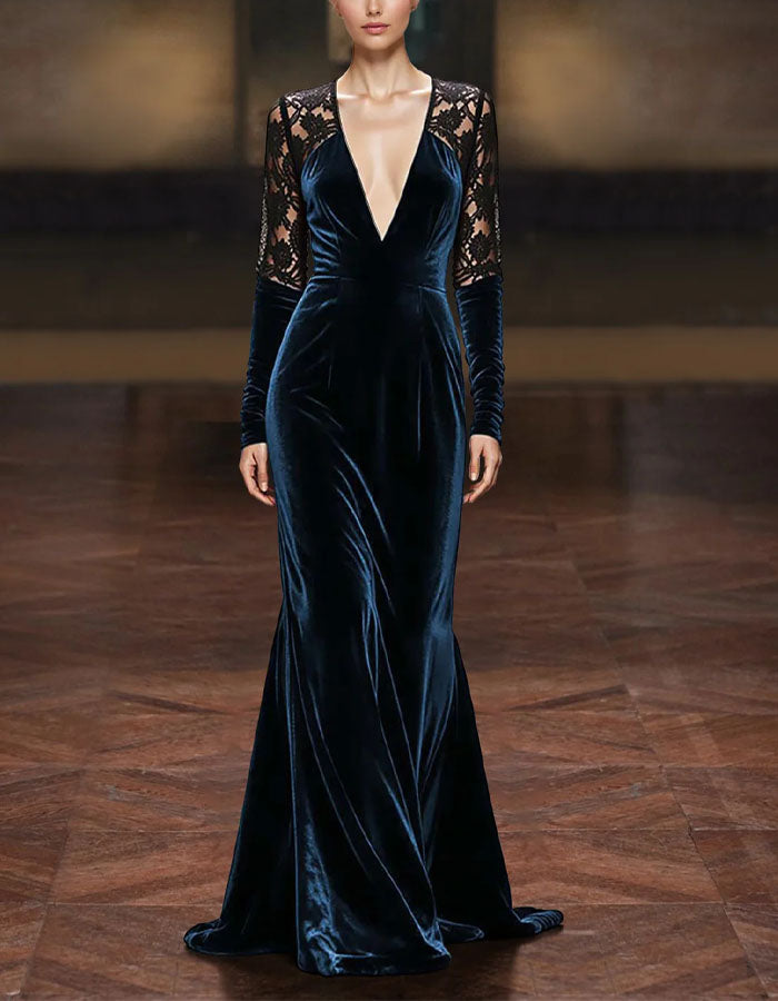 Einfarbiges Samt-Spitzen-Patchwork-Maxikleid mit tiefem V-Ausschnitt und Meerjungfrauen-Schnitt
